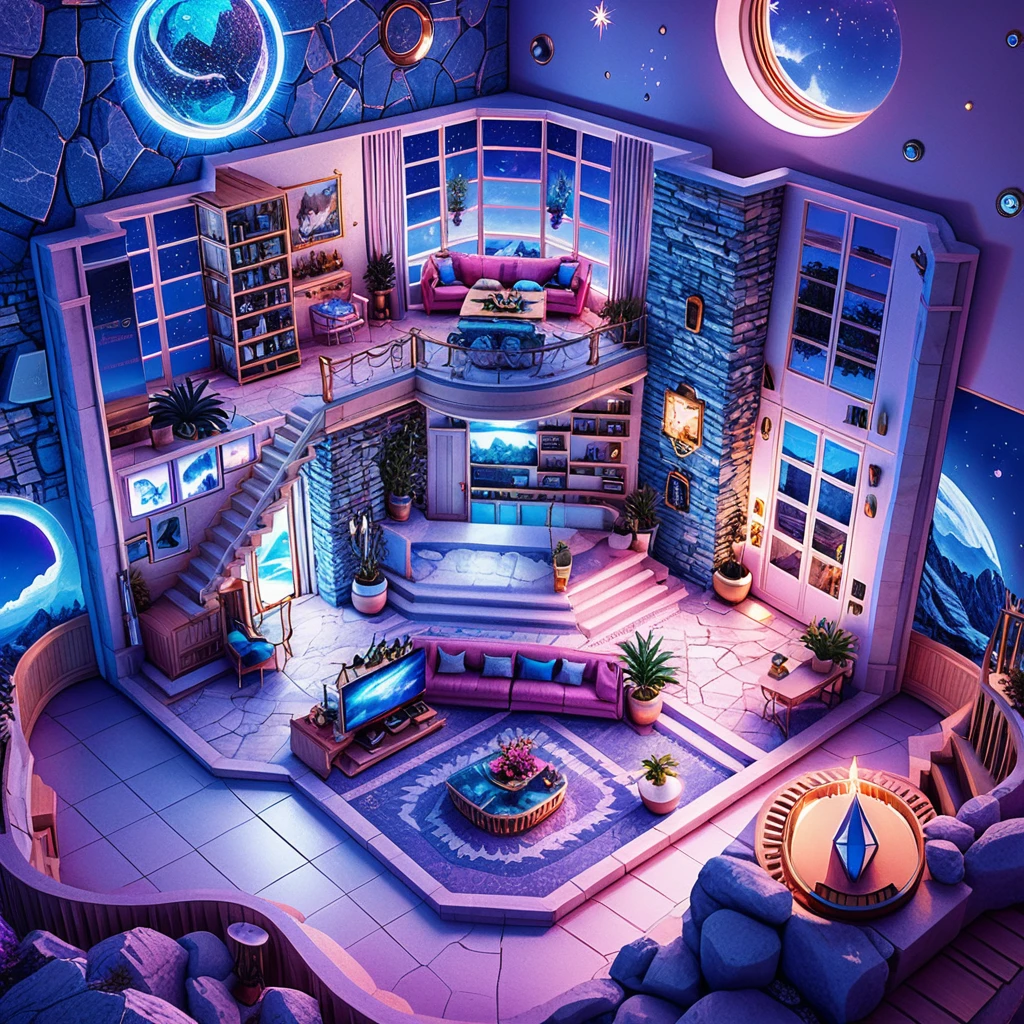 Interior isométrico de luxuosa villa de pedra em montanhas serenas