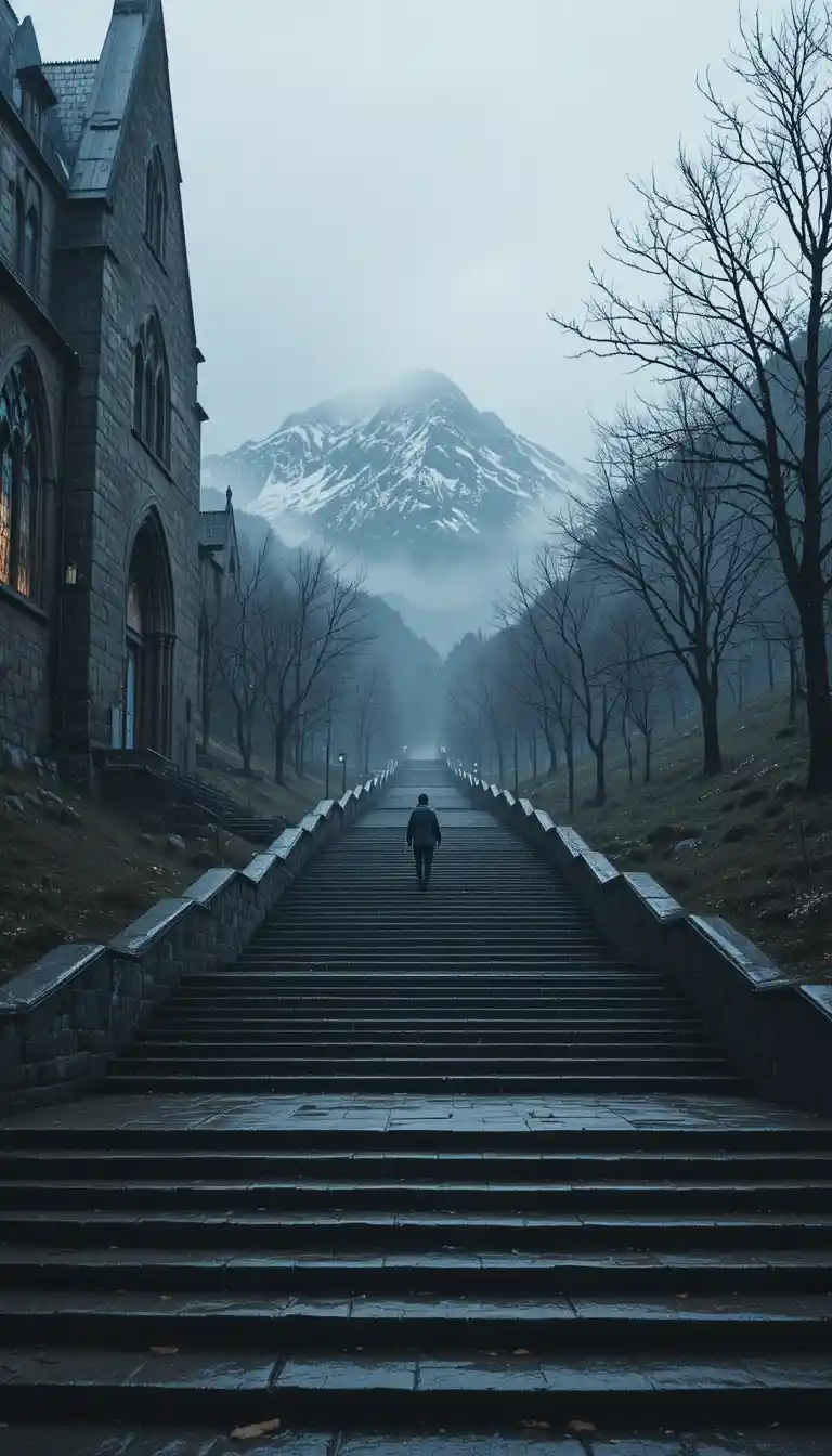 雨水浸濕的石階面向朦朧山巒景色