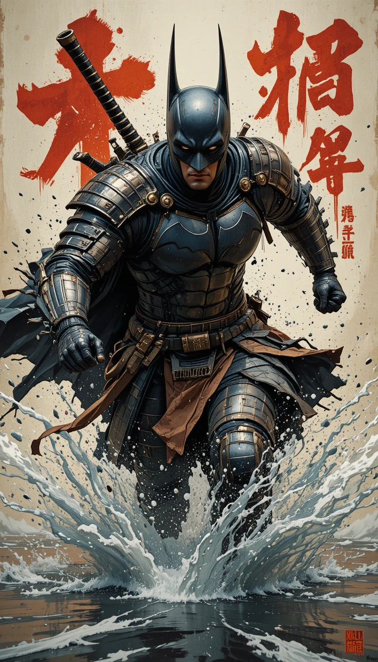 武士風裝甲英雄衝破激盪水花