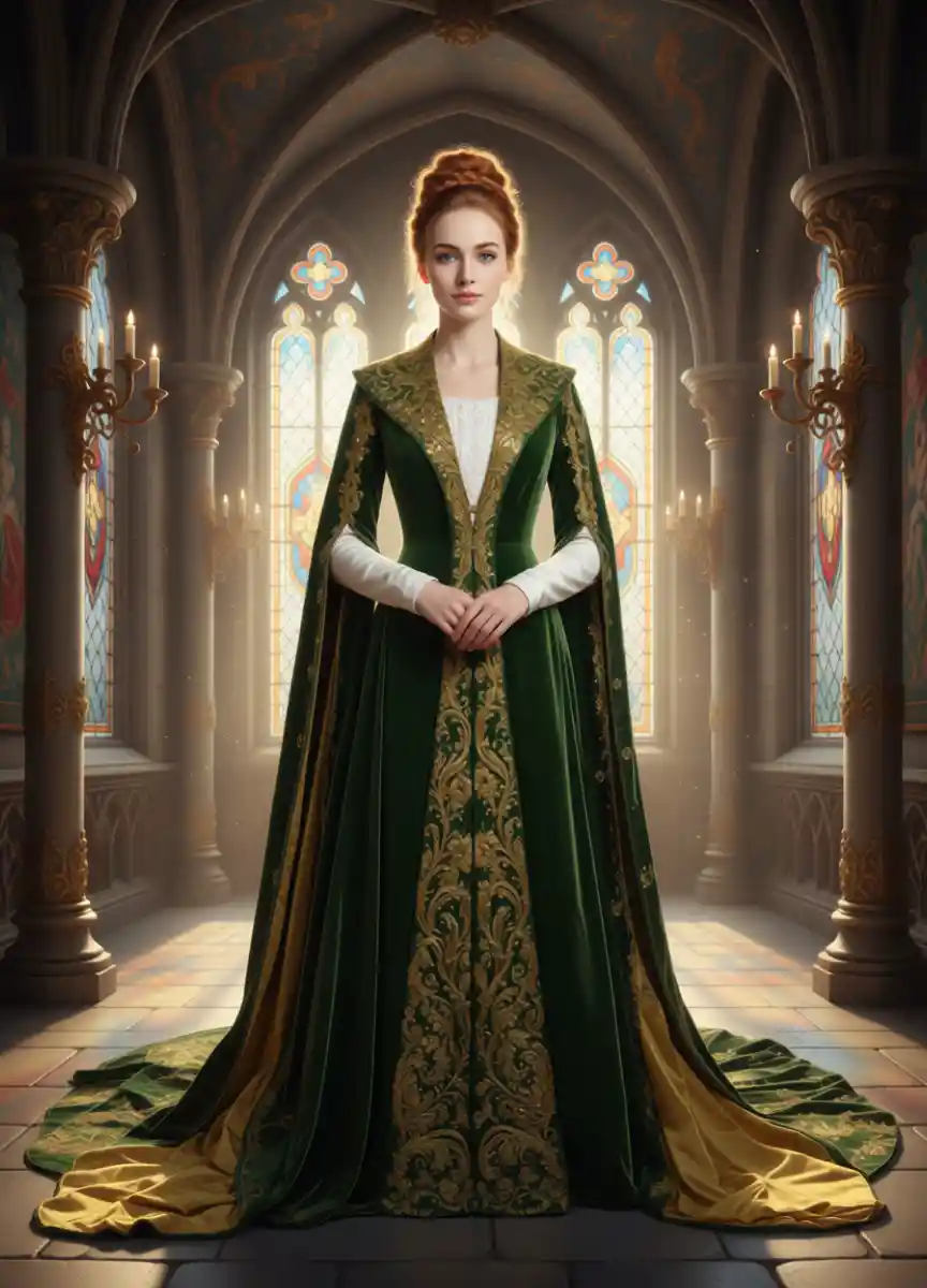 Dama medievale in abito di velluto verde davanti ad archi gotici