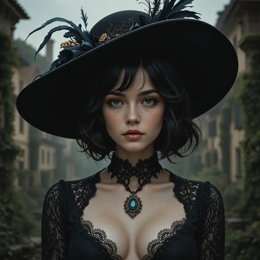 Gothic woman in wide brim hat before faded cityscape