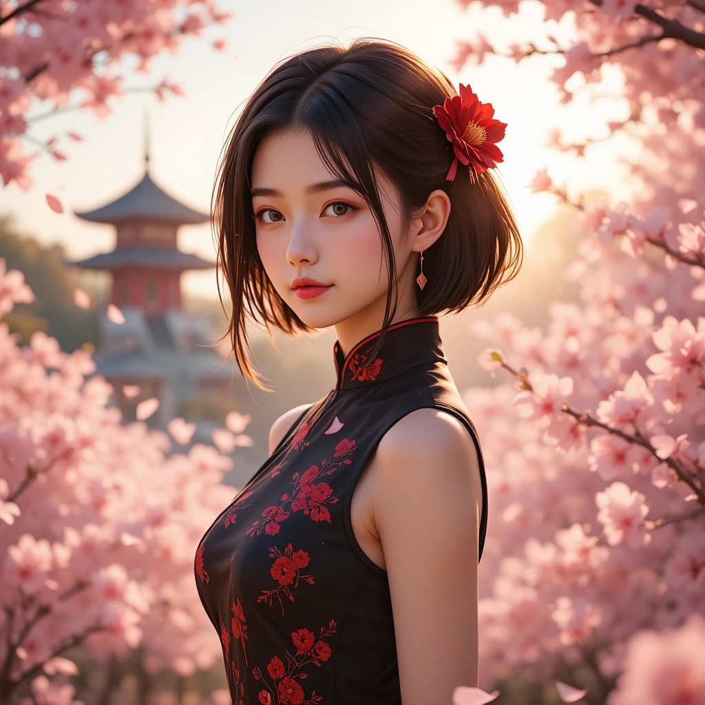 Anime girl in black qipao in a cherry blossom garden