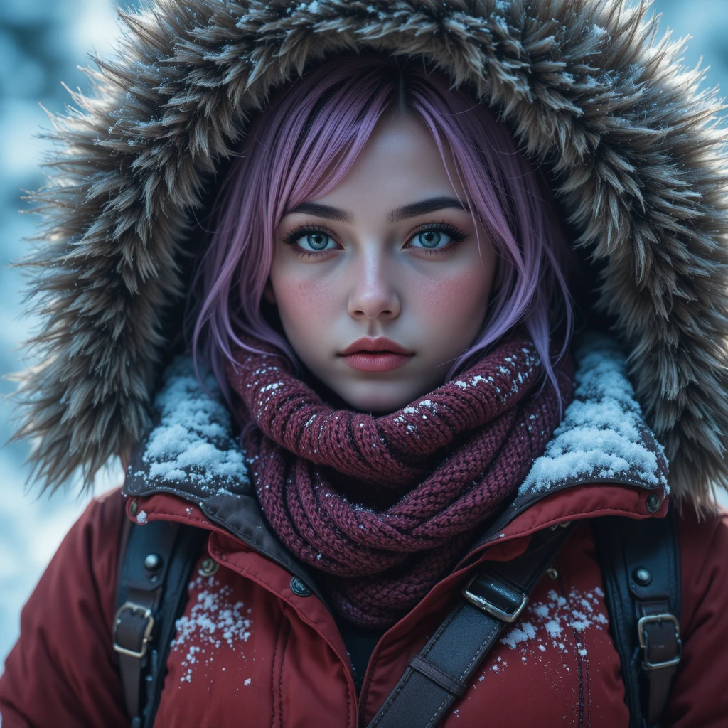 Resolute female traveler in a red winter parka