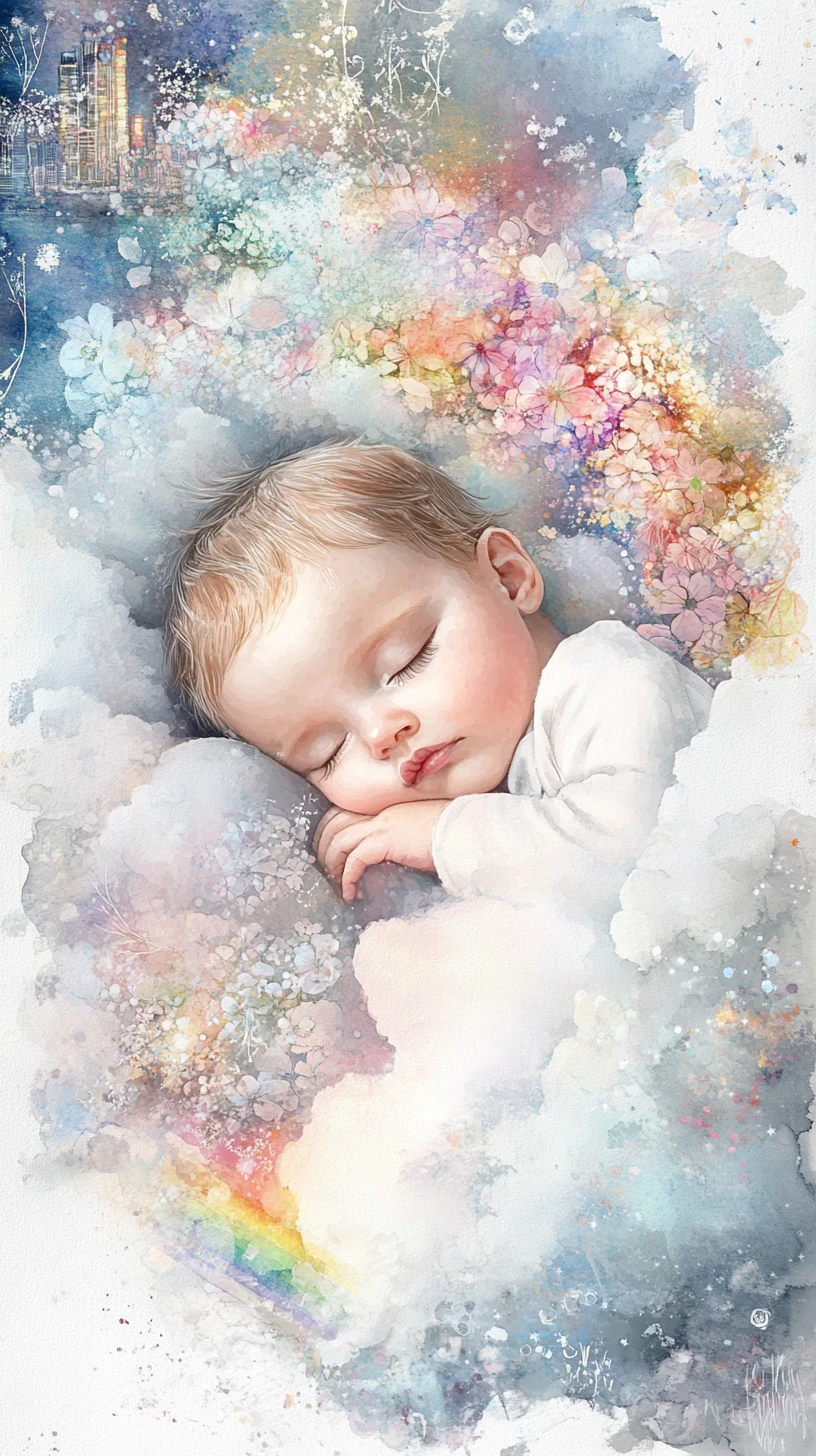Bébé endormi se reposant doucement au-dessus des nuages dérivants