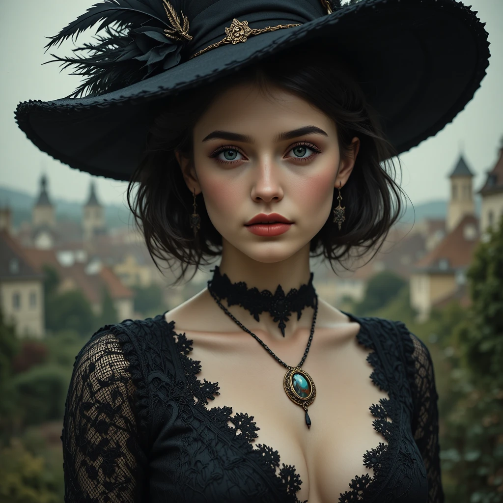 Gothic woman in black hat before overgrown city ruins