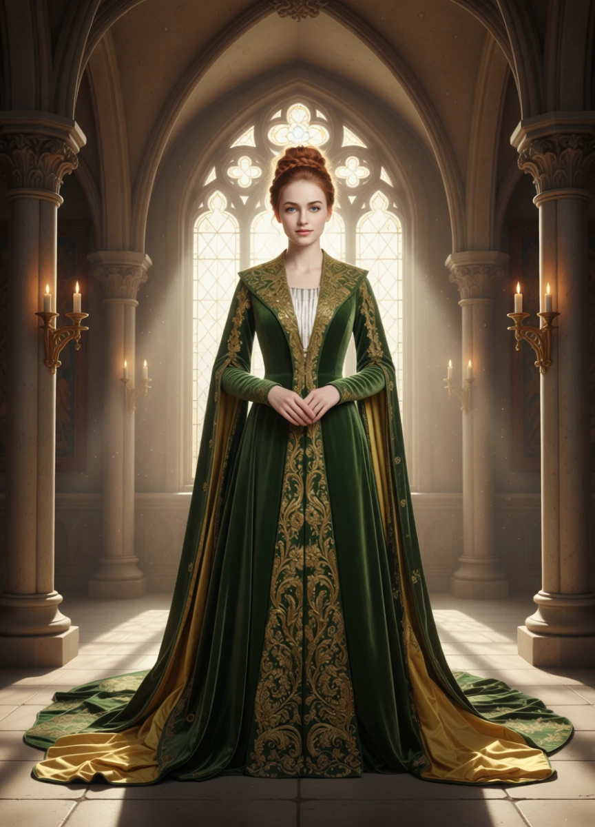 Elegante mittelalterliche Dame im grünen Samtkleid am gotischen Fenster
