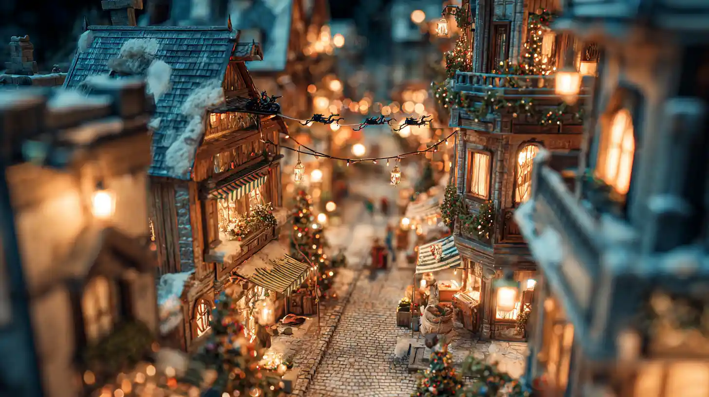 Tilt shift view of a festive medieval christmas town