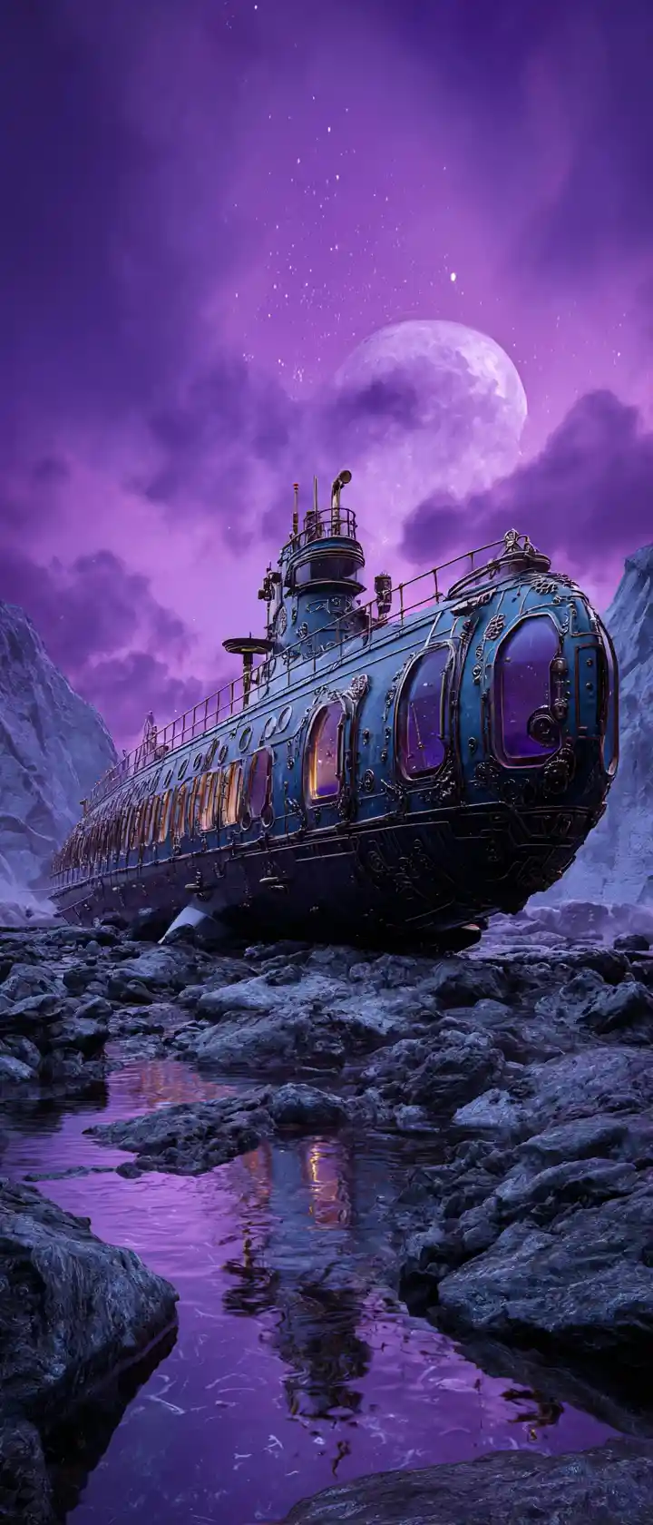 Stranded Steampunk Submarine On Rocky Shore Under Moonlight