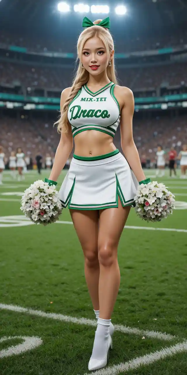 Blonde cheerleader standing on football field in white uniform