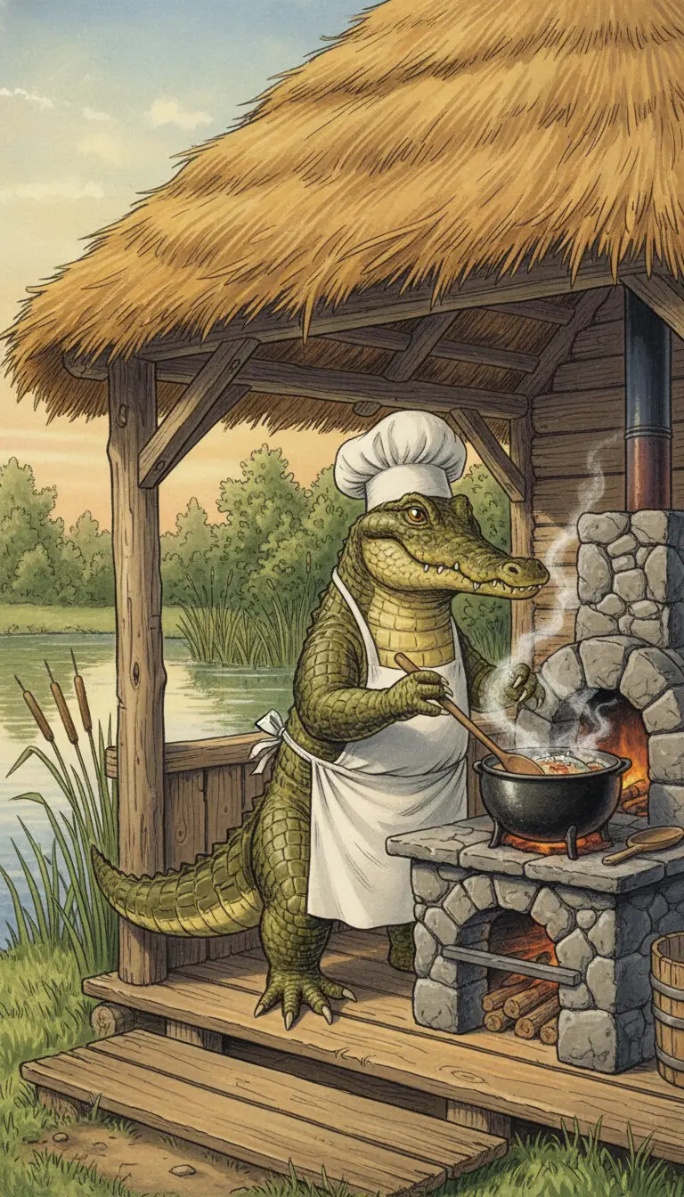 Crocodile chef cooking fish in a rustic wooden hut