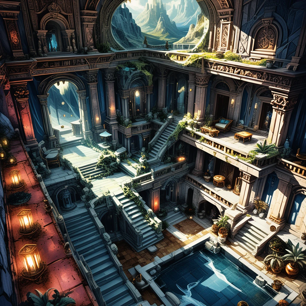 Interior de villa de lujo fantástica en vista isométrica cenital
