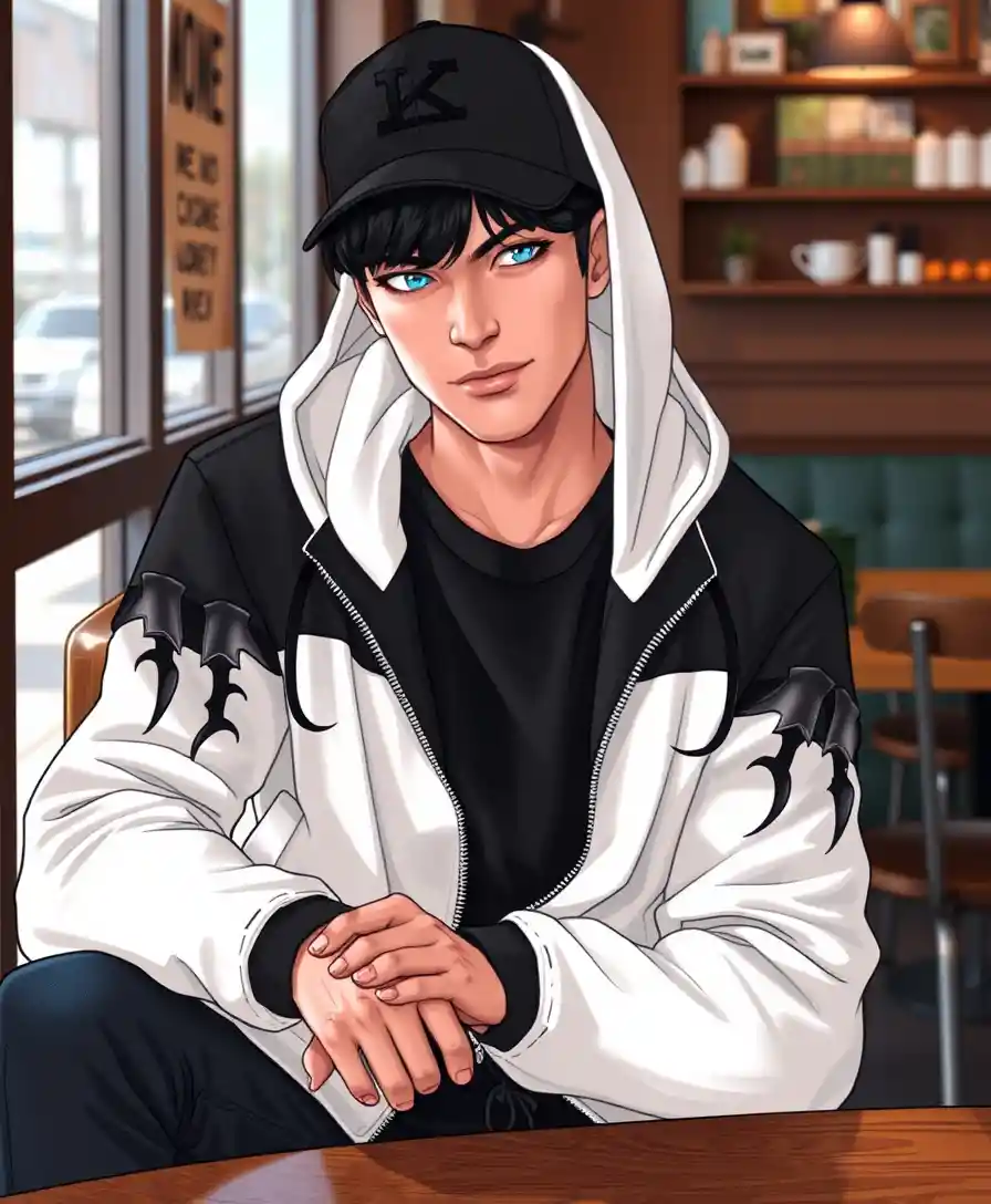 Selbstbewusster Mann in Streetwear entspannt in einem modernen Café