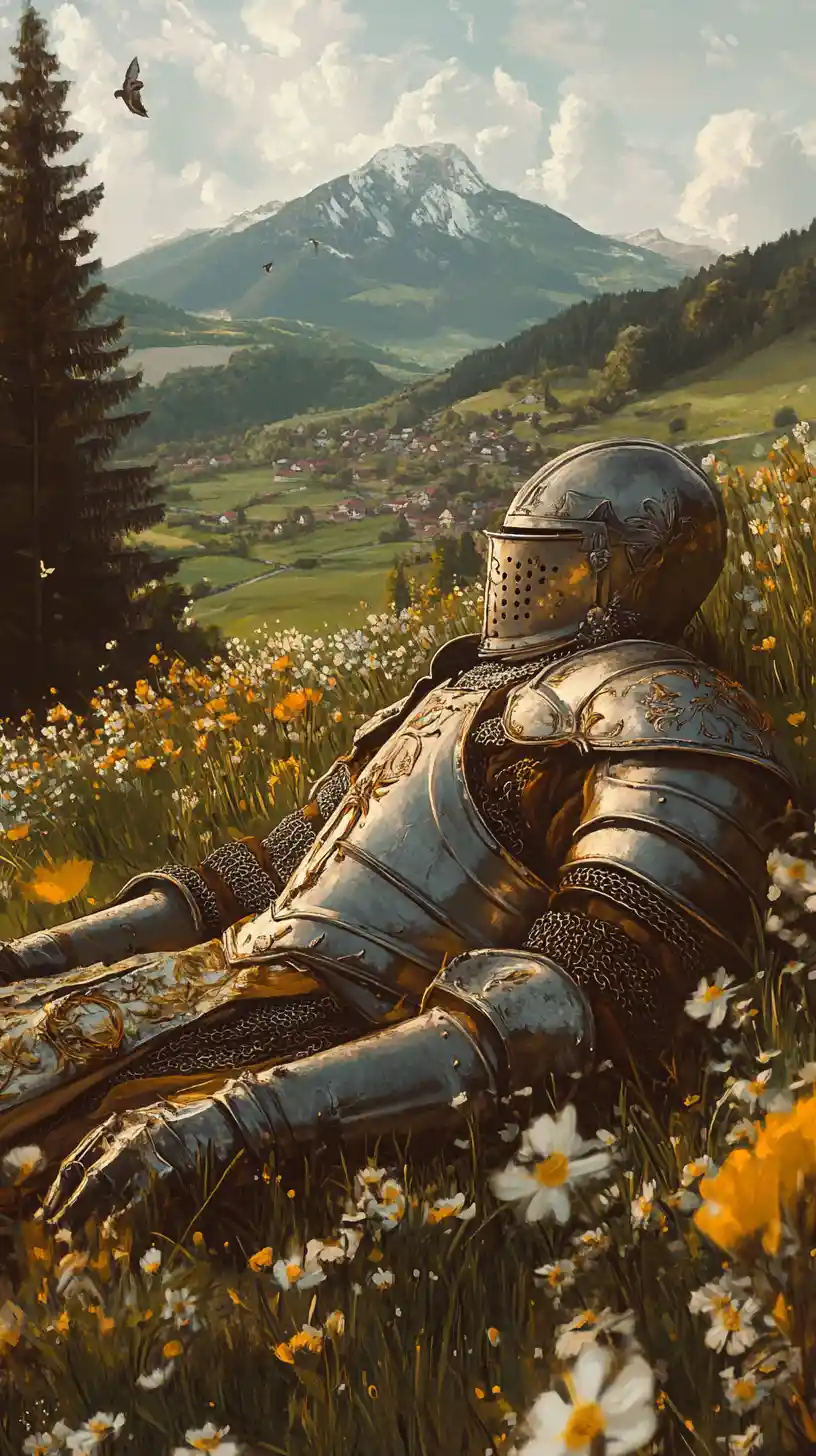 Dying knight in golden armor lying in a meadow at dusk