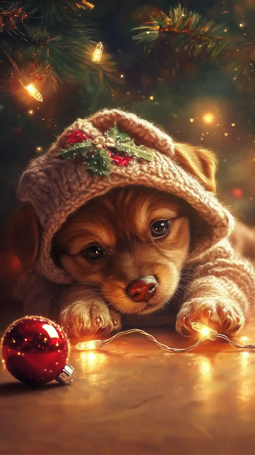 Cute puppy playing with Christmas lights and baubles