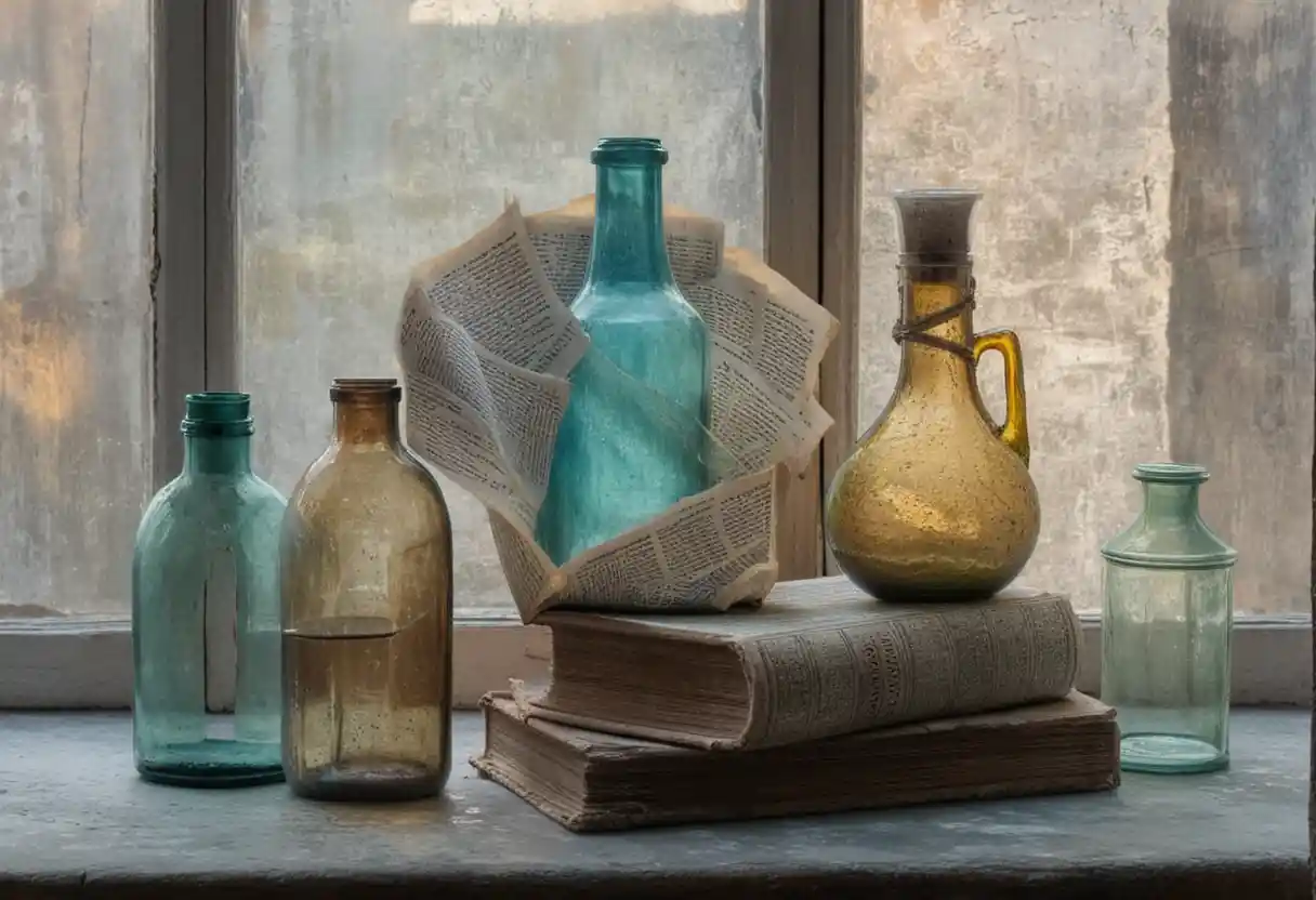 Still life of antique roman bottles beside a window