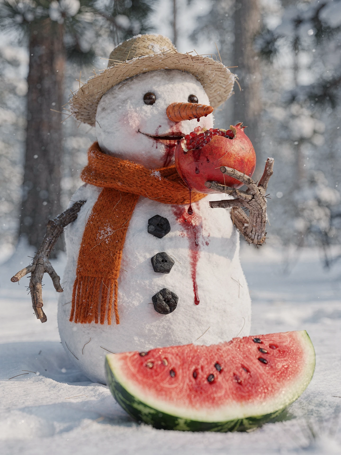Snowman Eating Pomegranate In A Snowy Winter Forest