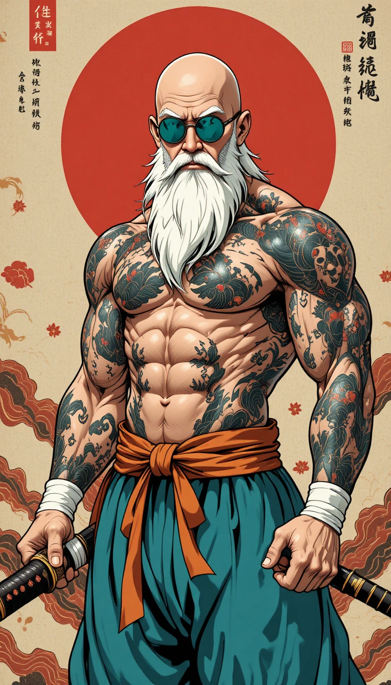 刺青高齡武術家與武士刀的浮世繪風格圖像