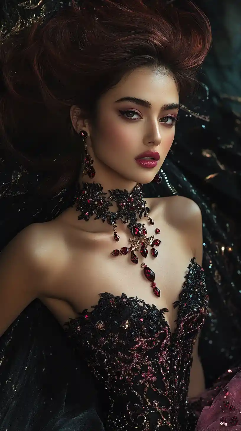 Persian woman in black and pink couture on runway at night