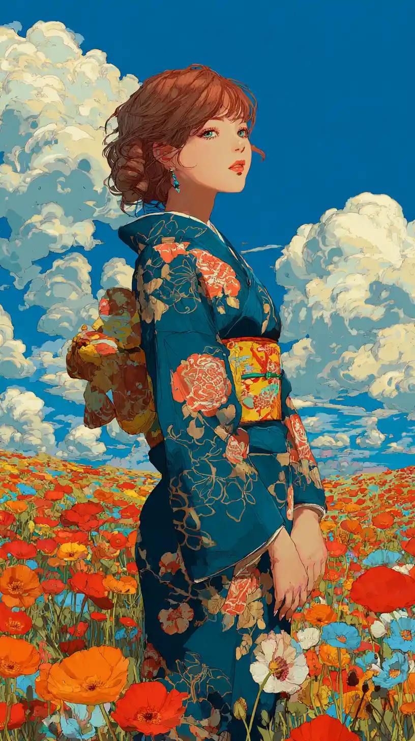 Anime woman in kimono standing in a flower field