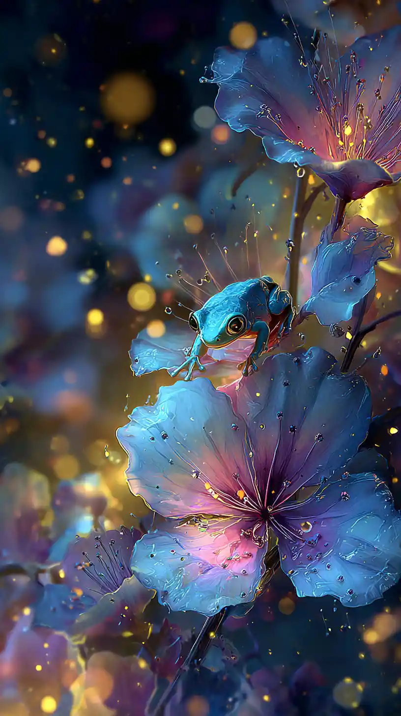 Bioluminescent frog nestled in glowing night flowers
