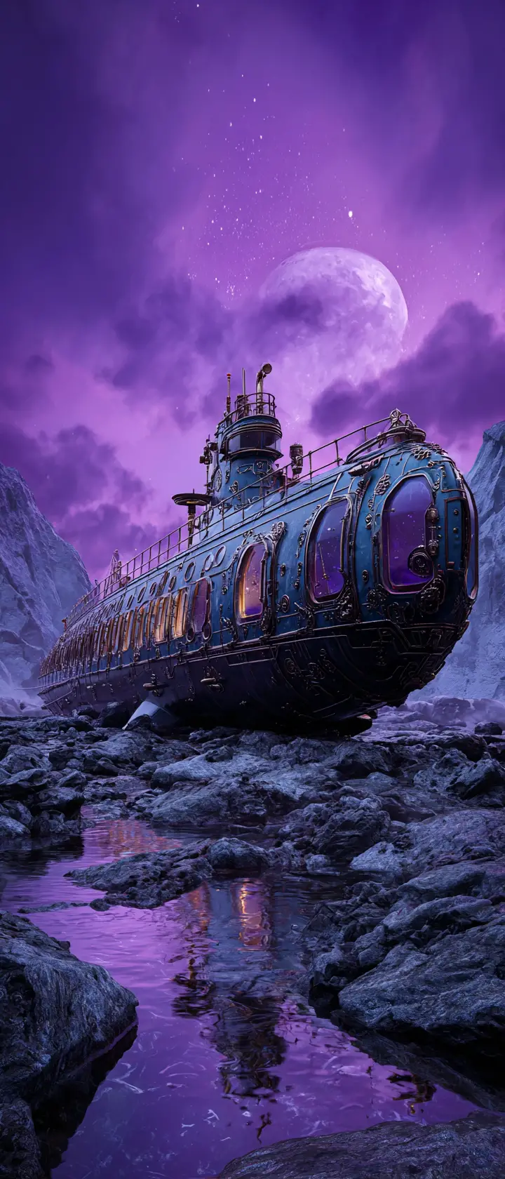 Stranded Steampunk Submarine On Rocky Shore Under Moonlight