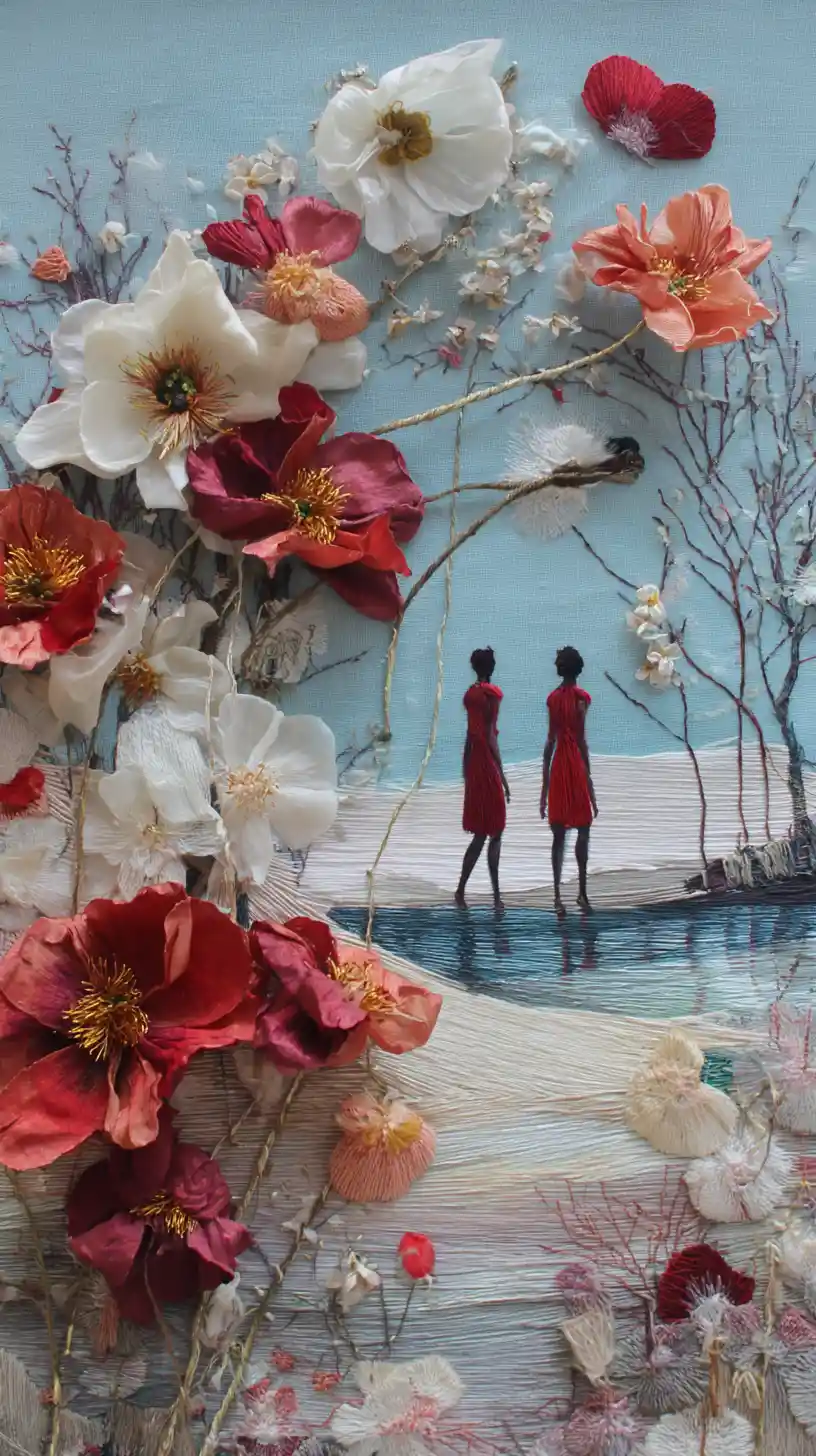 Escultura de colagem têxtil com algodão de seda e pétalas de flores