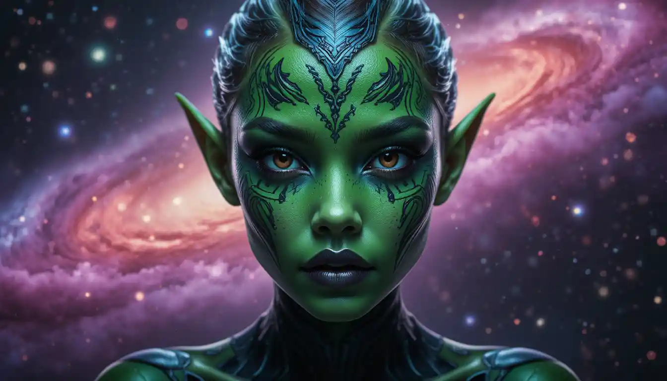 Green alien woman portrait floating in cosmic space