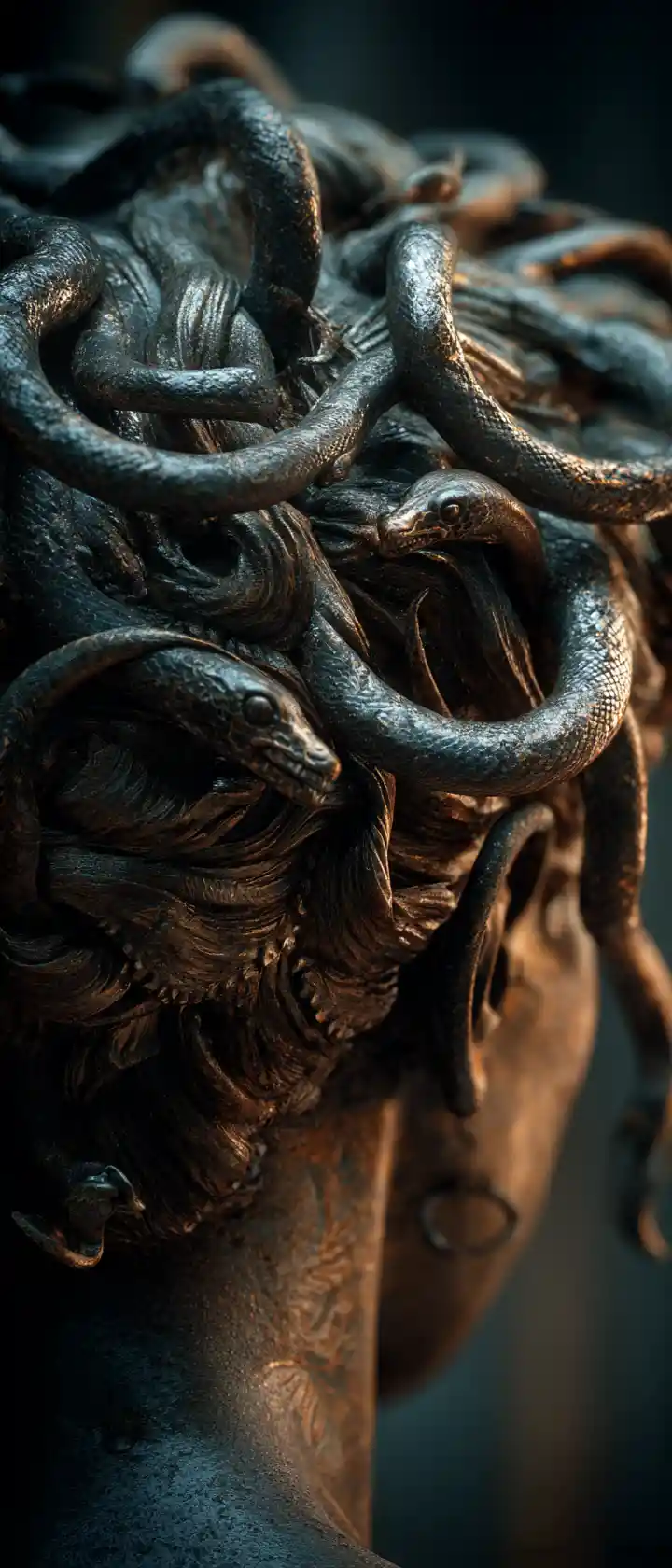 Primo piano di Medusa con serpenti contorti e guerriero pietrificato