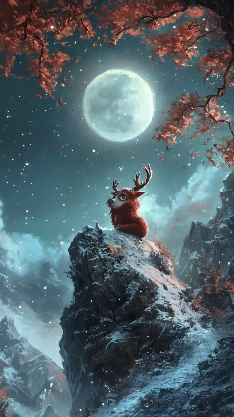 Fantasy creature resting on snowy hill under moonlit sky