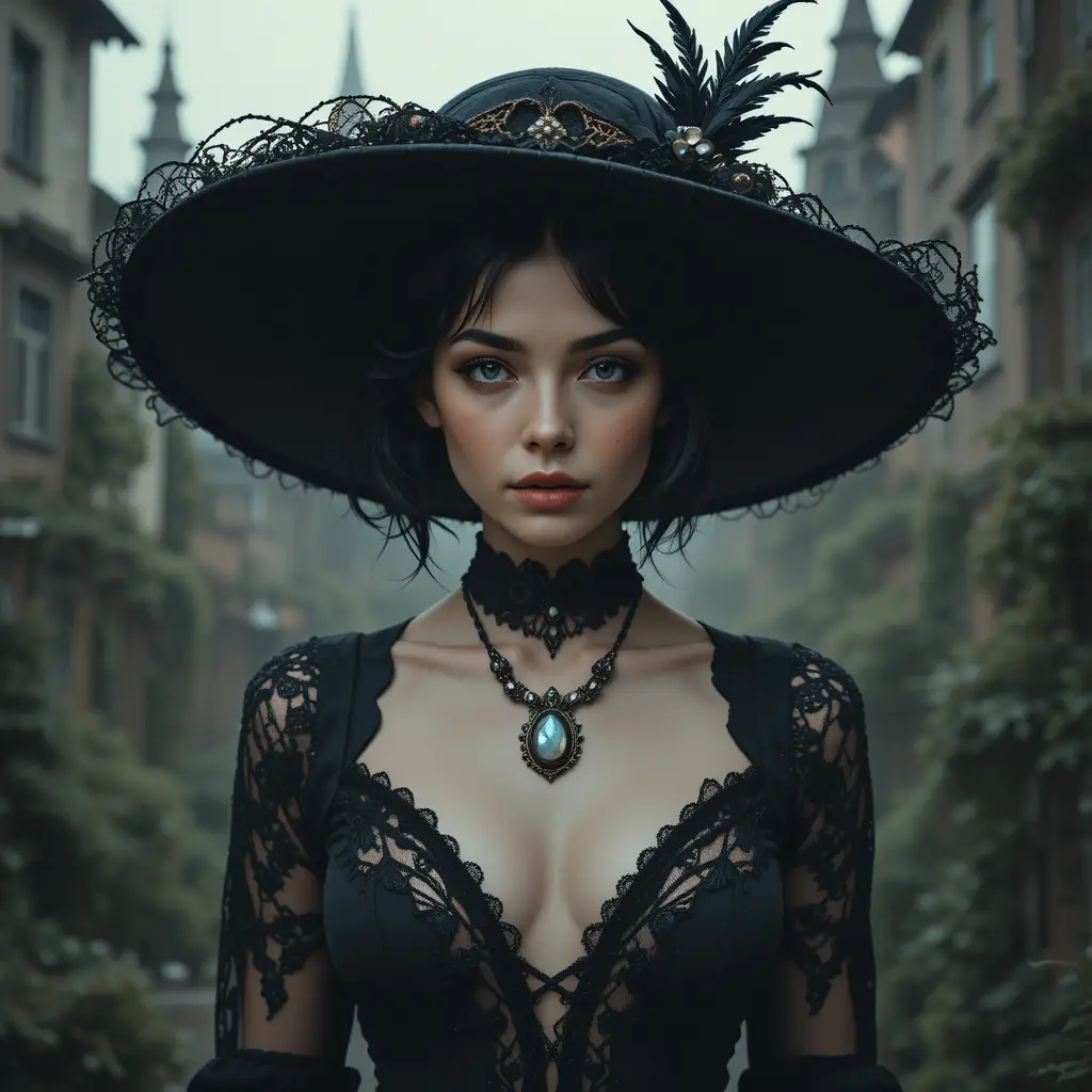 Gothic woman in black hat before overgrown city ruins