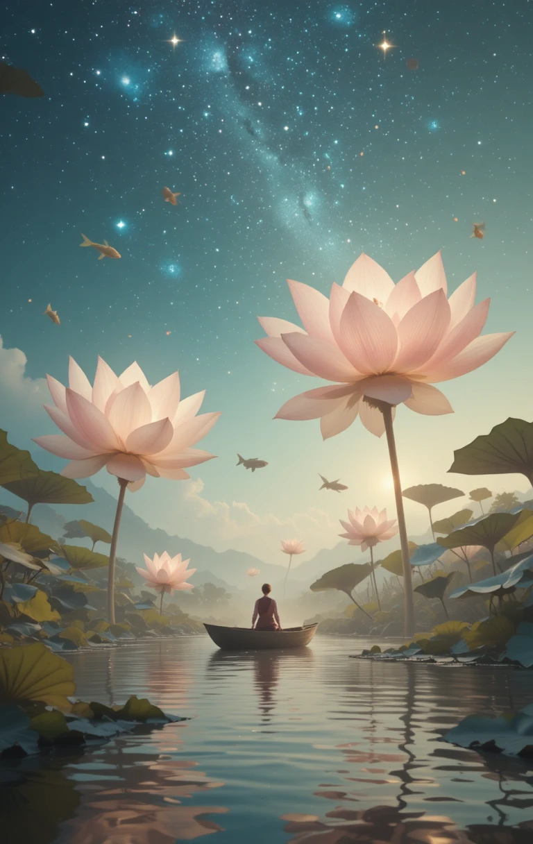 星空の下、巨大なハスの花の beneath of ボート