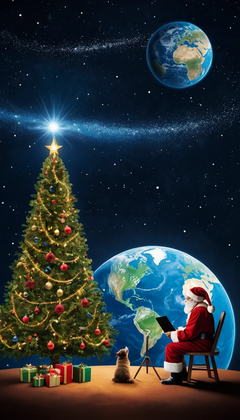Santa Claus Watching Earth From Space Christmas Card Design
