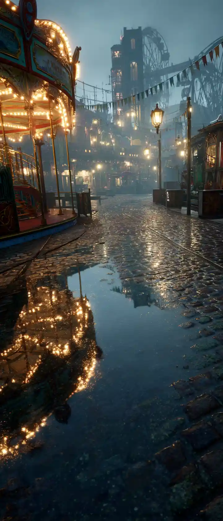 Misty Moonlit Steampunk City Street With Vintage Fairground