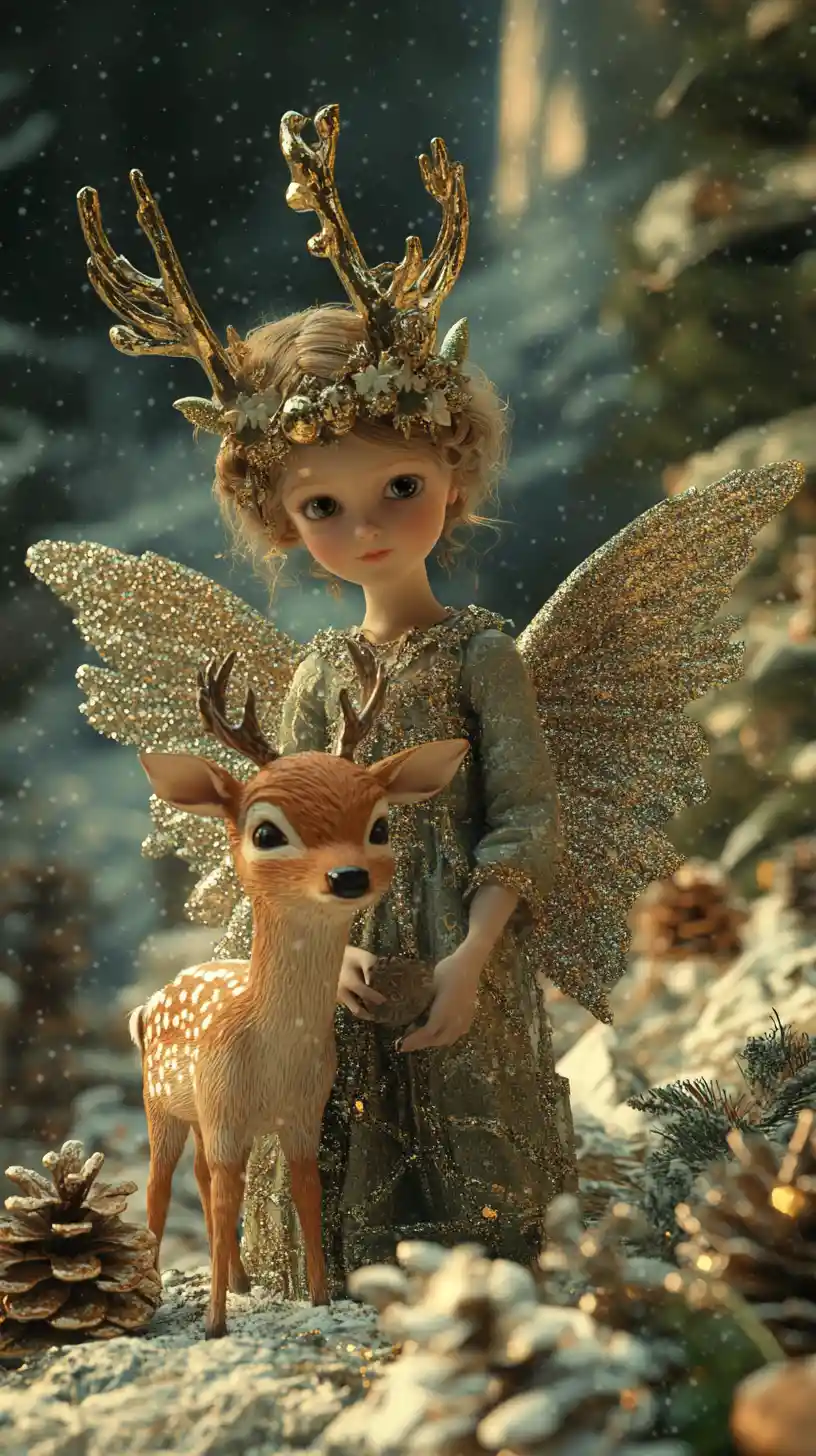Christmas angel with a deer in a dreamy snowy landscape