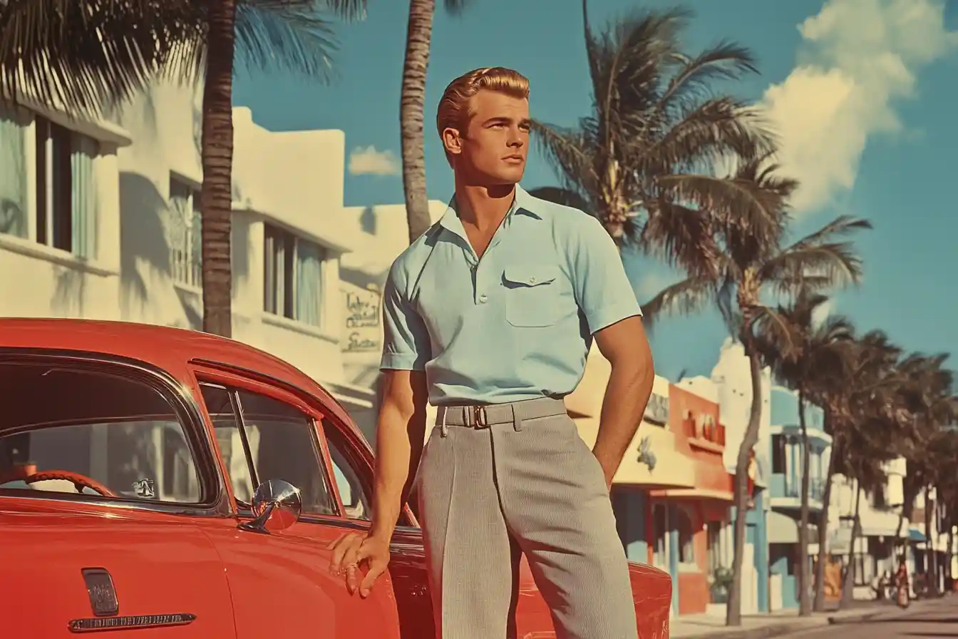 Muscular man standing by red car on sunny Miami street