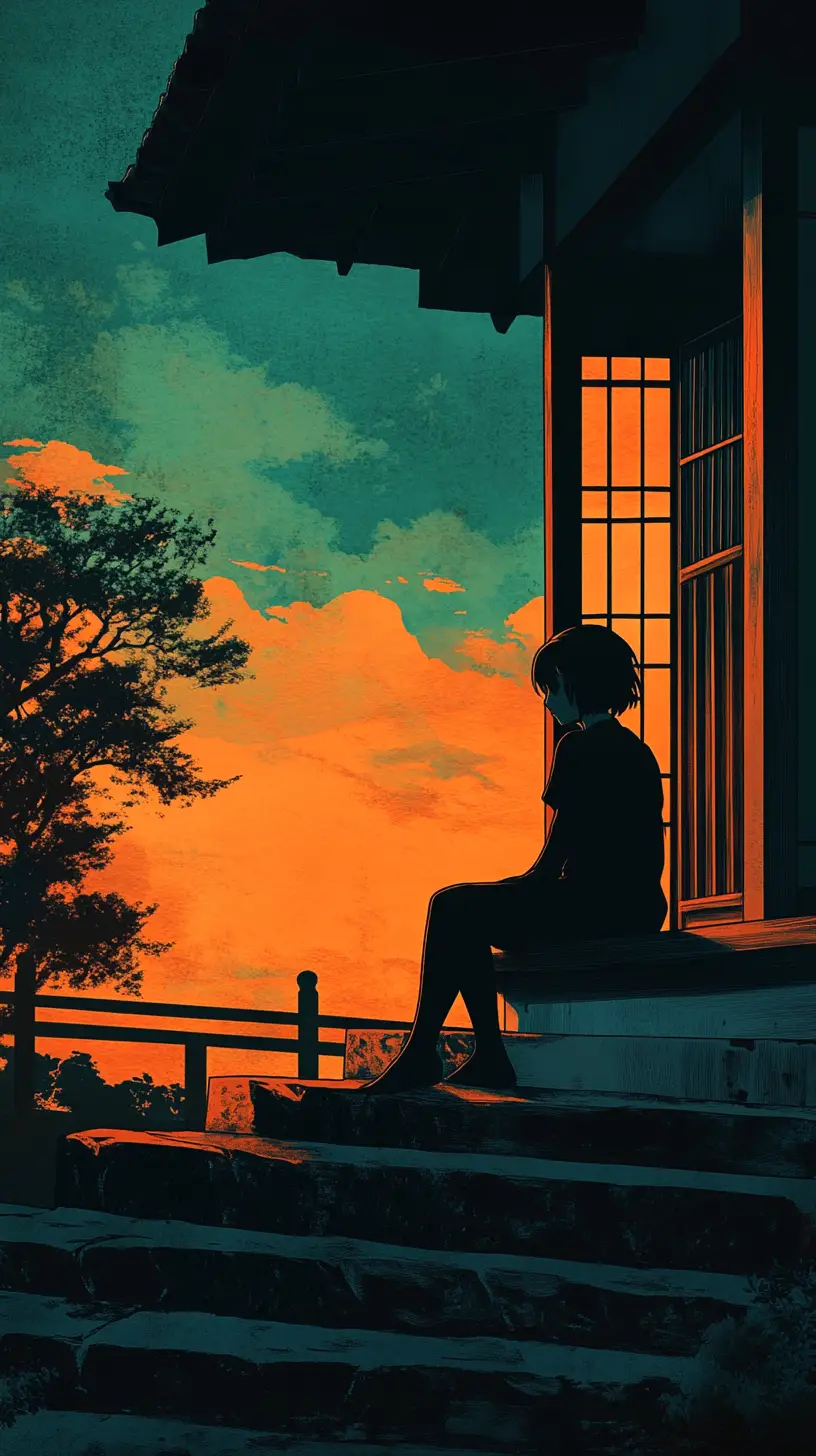 Young woman sitting on steps at a Japanese house