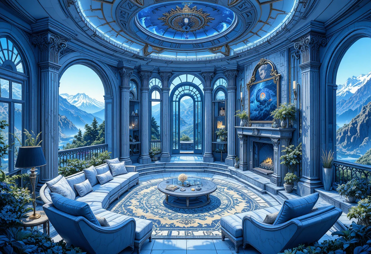 Isometric luxury stone villa interior in mythic mountain setting