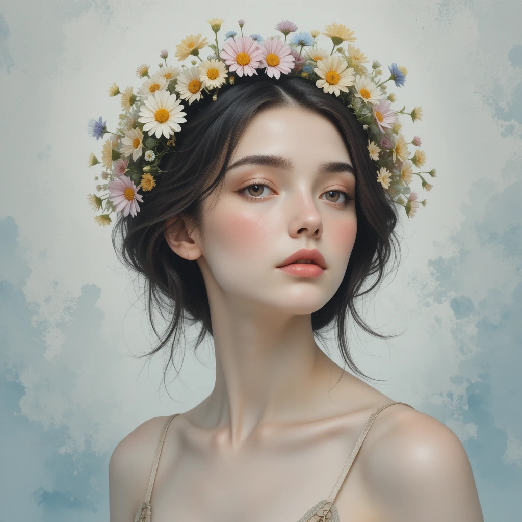 Melancholic girl with wildflower crown in soft close portrait