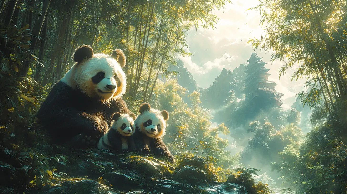 Ukiyo e panda family in a serene bamboo forest