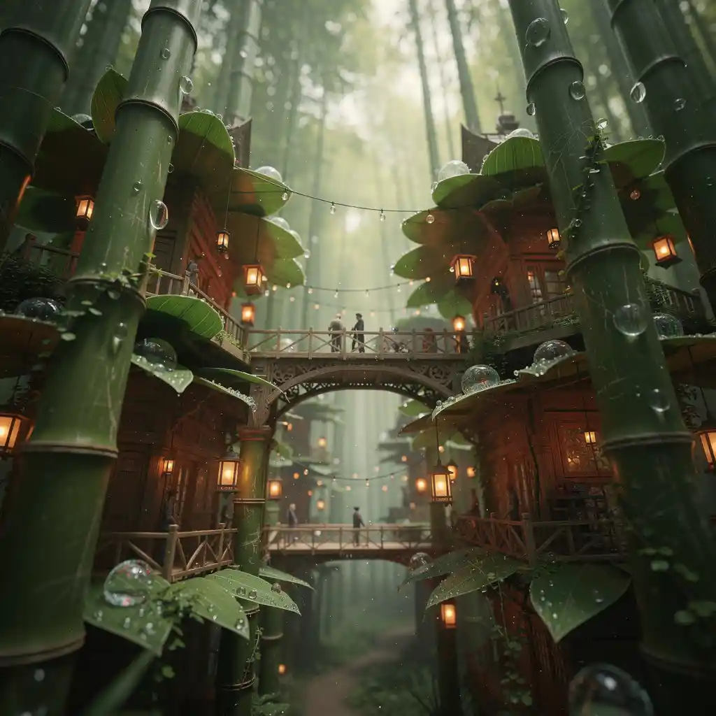 Miniature lantern lit city hidden in towering bamboo