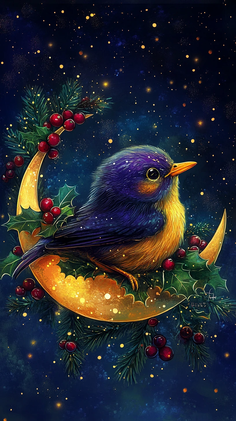Pássaro roxo fofinho descansando em uma lua crescente na noite de Natal