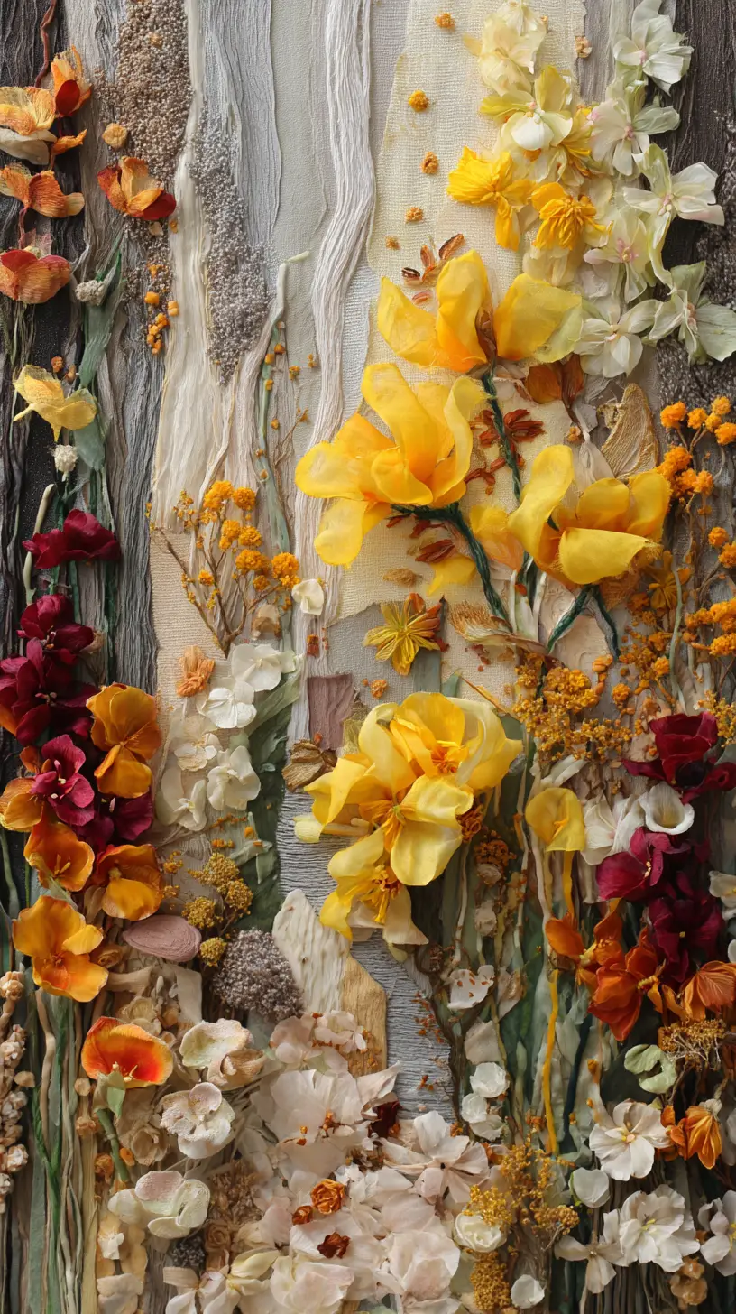 Textile collage sculpture bursting from a flat abstract background