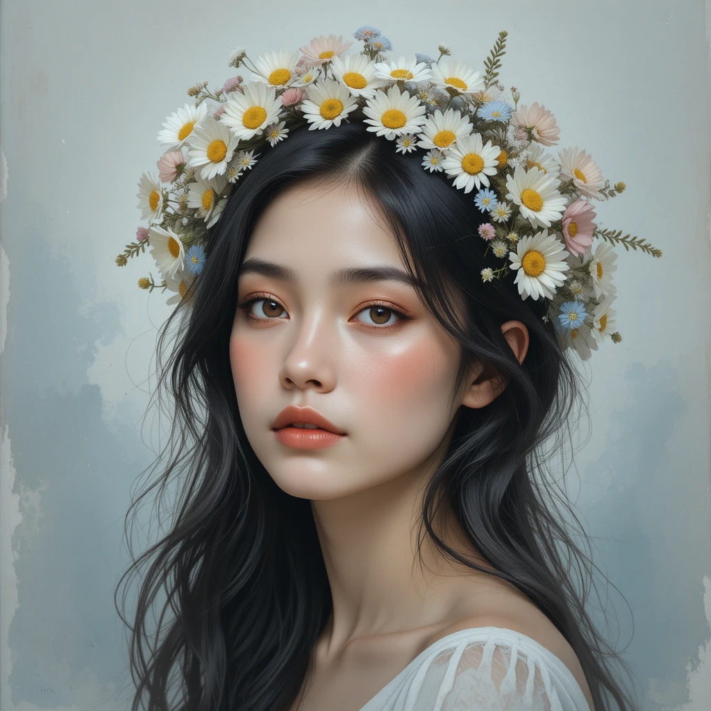 Melancholic girl with wildflower crown in soft painterly portrait