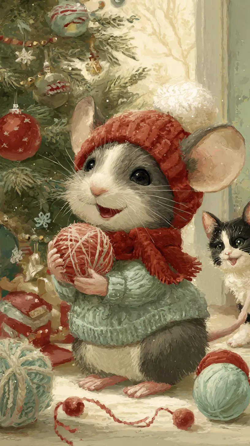 Cheerful Mouse And Curious Cat By A Festive Christmas Tree