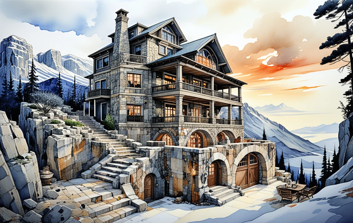 Palazzo tra le nuvole sulle montagne greche con lussuoso design rustico