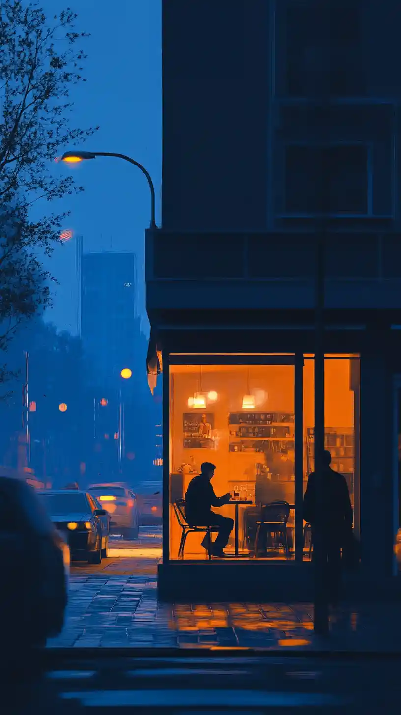 Minimalist blue city street with glowing cafe window