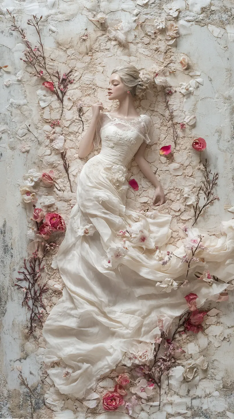 Textile collage of silk cotton and flower petal forms