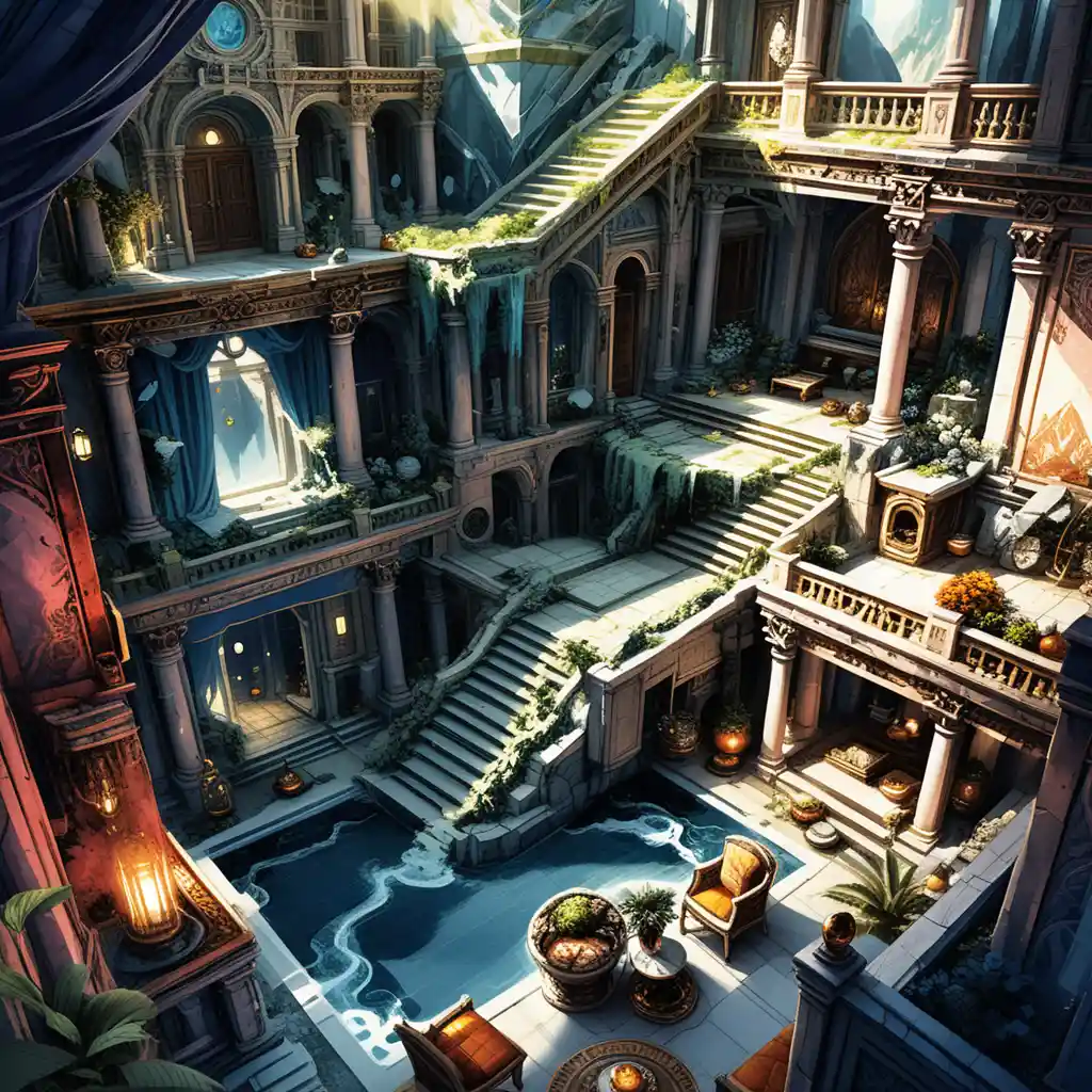 Isometric luxury stone villa interior with celestial fantasy details