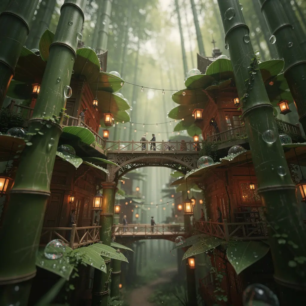 Miniature lantern lit city hidden in towering bamboo