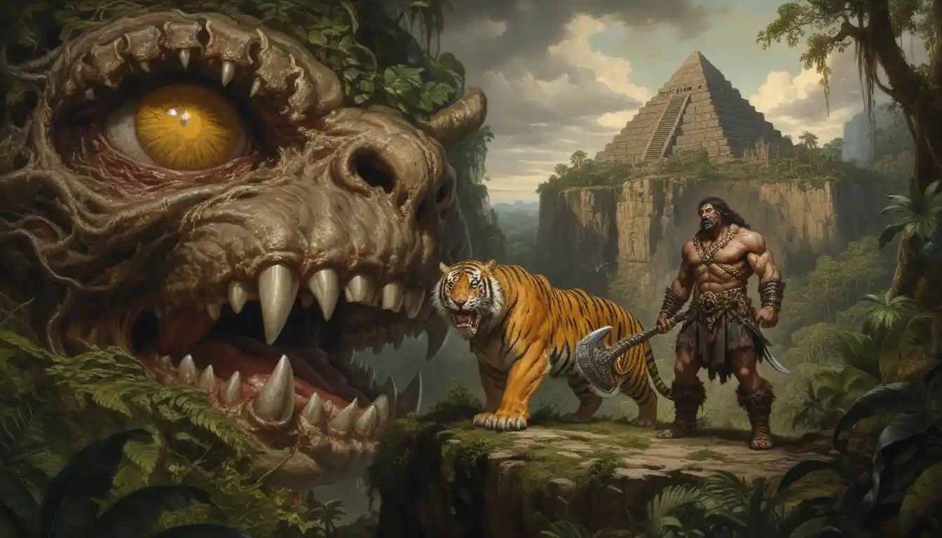 Barbarian Warrior With Armored Tiger On Jungle Cliff